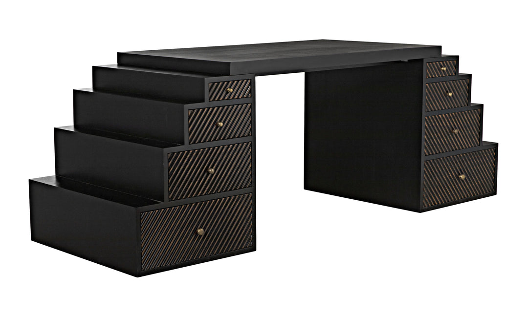 American Home Furniture | Noir - Ambidextrous Desk, Hand Rubbed Black with Light Brown Trim