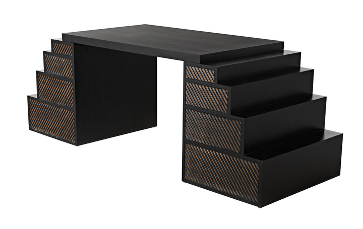 American Home Furniture | Noir - Ambidextrous Desk, Hand Rubbed Black with Light Brown Trim