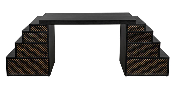 American Home Furniture | Noir - Ambidextrous Desk, Hand Rubbed Black with Light Brown Trim