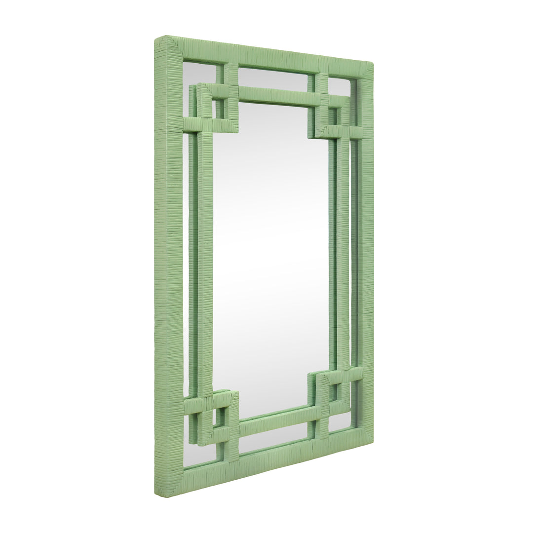 Greek Key Design Mirror In Wrapped Rattan In Sage Green - GENEVA SG