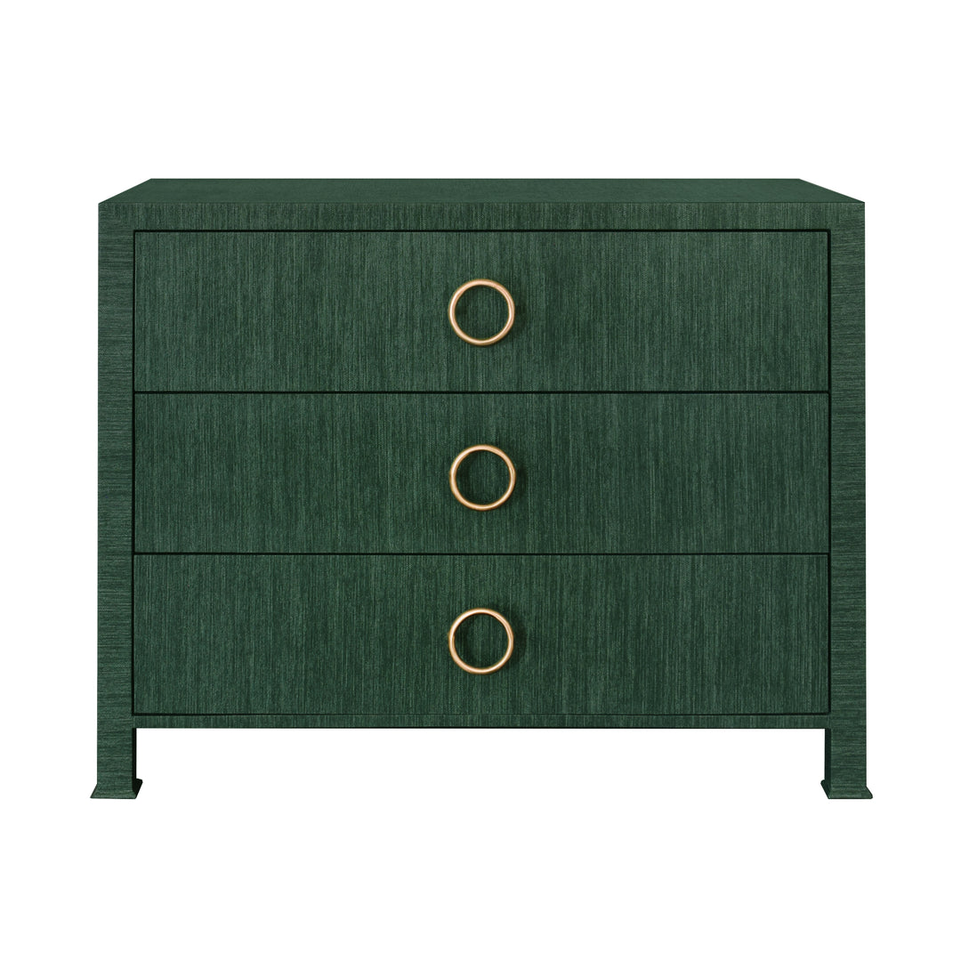 Three Drawer Chest With Antique Brass Circle Hardware In Dyed Green Grasscloth - GETTY GR