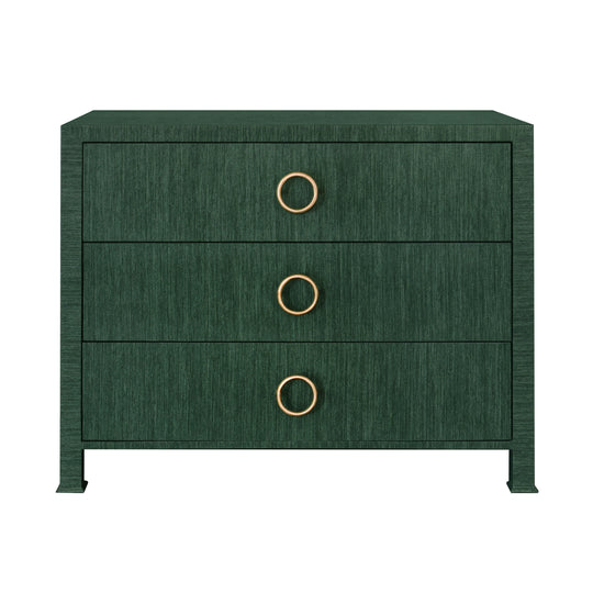 Three Drawer Chest With Antique Brass Circle Hardware In Dyed Green Grasscloth - GETTY GR