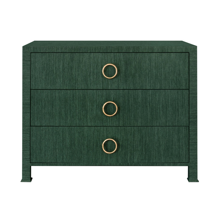 Three Drawer Chest With Antique Brass Circle Hardware In Dyed Green Grasscloth - GETTY GR