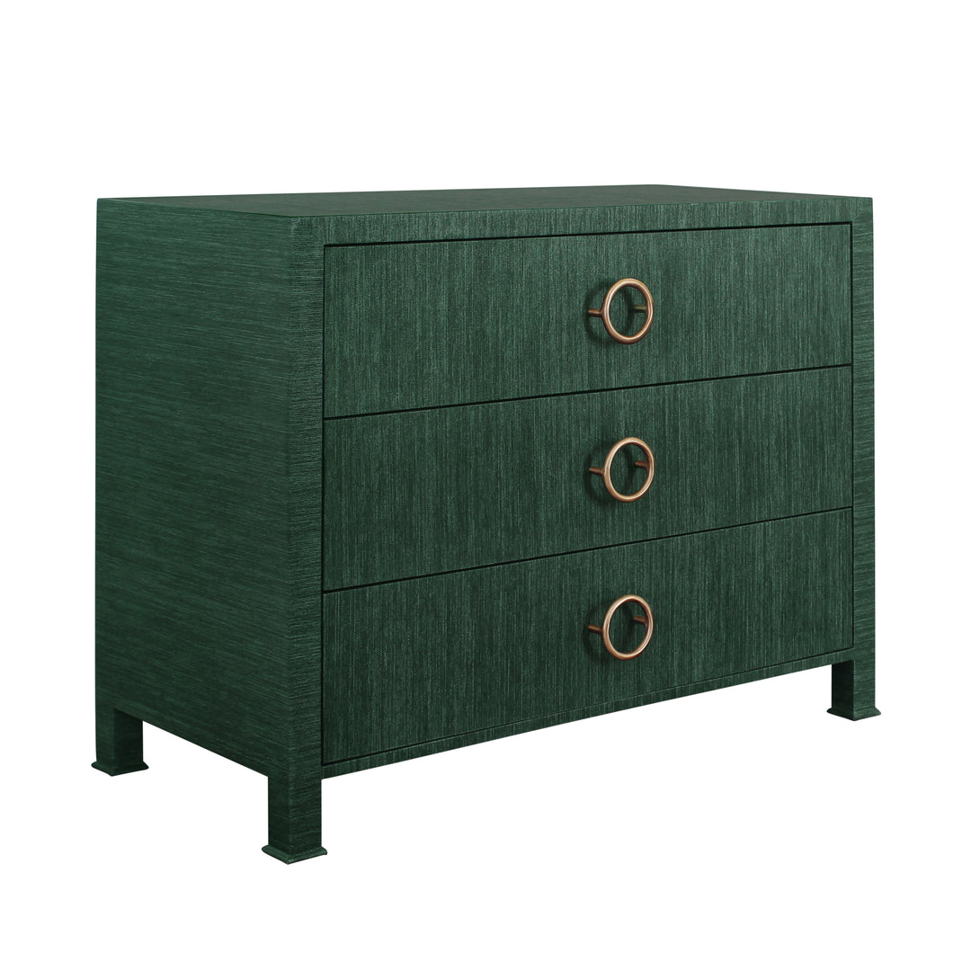 Three Drawer Chest With Antique Brass Circle Hardware In Dyed Green Grasscloth - GETTY GR