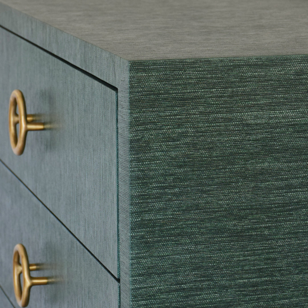 Three Drawer Chest With Antique Brass Circle Hardware In Dyed Green Grasscloth - GETTY GR