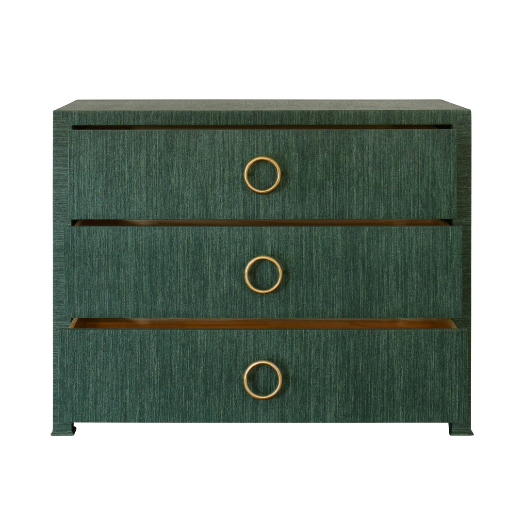 Three Drawer Chest With Antique Brass Circle Hardware In Dyed Green Grasscloth - GETTY GR