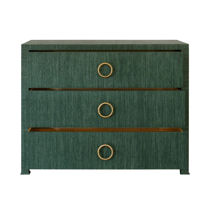 Three Drawer Chest With Antique Brass Circle Hardware In Dyed Green Grasscloth - GETTY GR