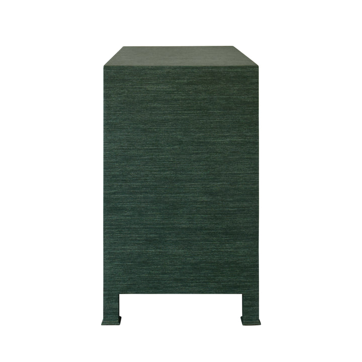 Three Drawer Chest With Antique Brass Circle Hardware In Dyed Green Grasscloth - GETTY GR