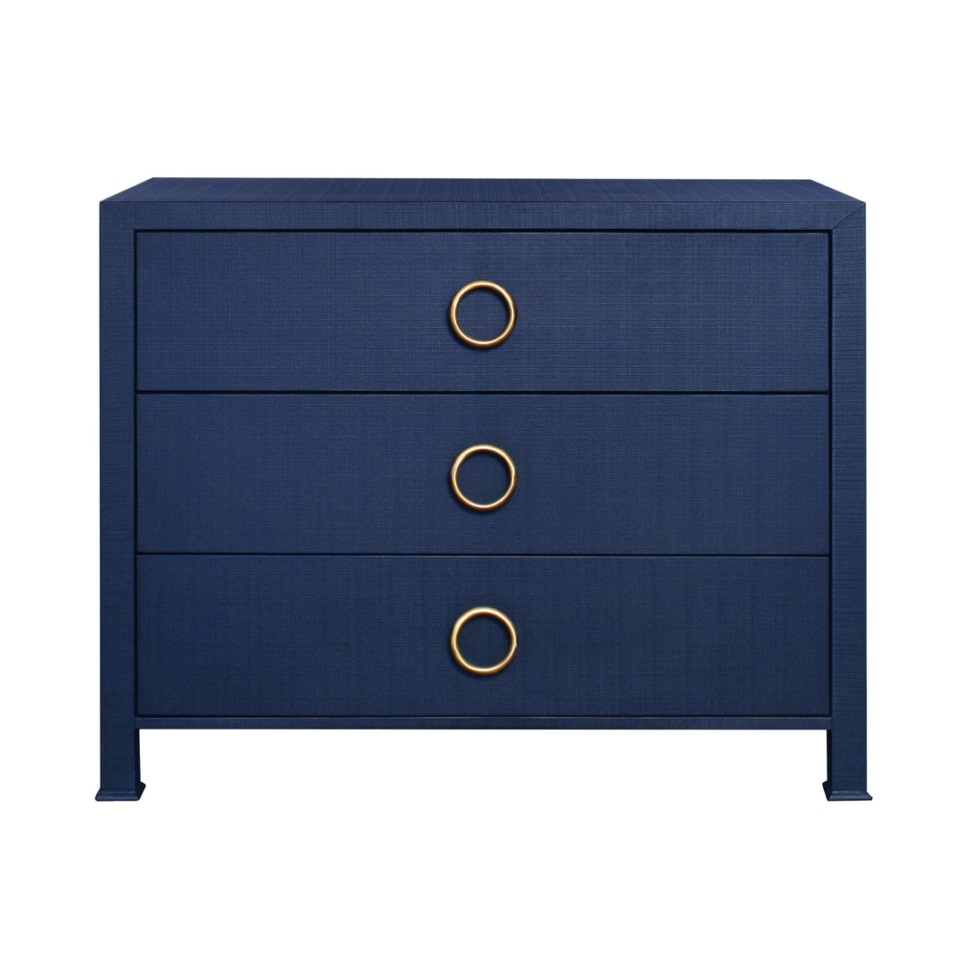 Three Drawer Chest With Antique Brass Circle Hardware In Textured Navy Linen - GETTY NVY