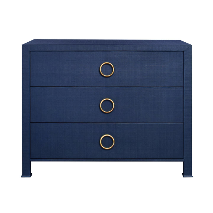 Three Drawer Chest With Antique Brass Circle Hardware In Textured Navy Linen - GETTY NVY
