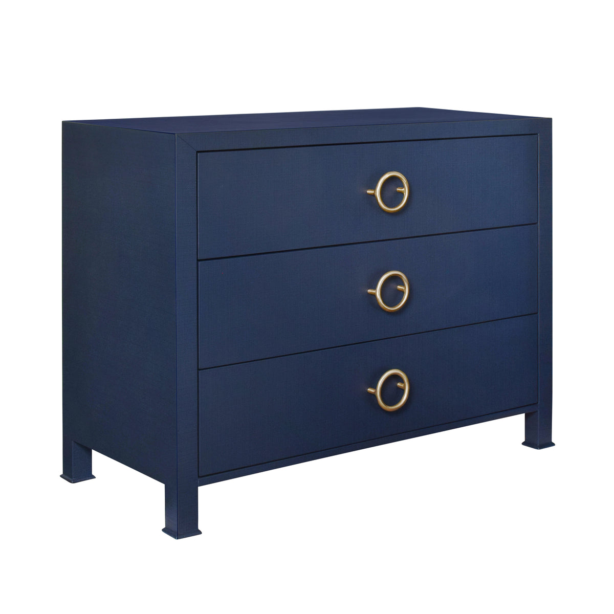 Three Drawer Chest With Antique Brass Circle Hardware In Textured Navy Linen - GETTY NVY