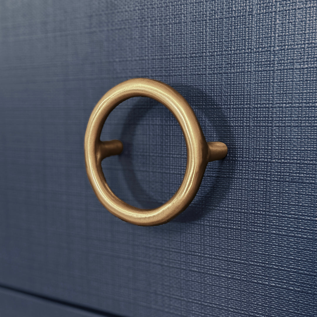 Three Drawer Chest With Antique Brass Circle Hardware In Textured Navy Linen - GETTY NVY