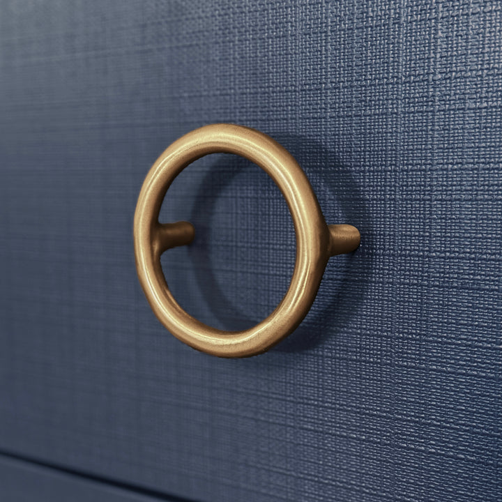 Three Drawer Chest With Antique Brass Circle Hardware In Textured Navy Linen - GETTY NVY
