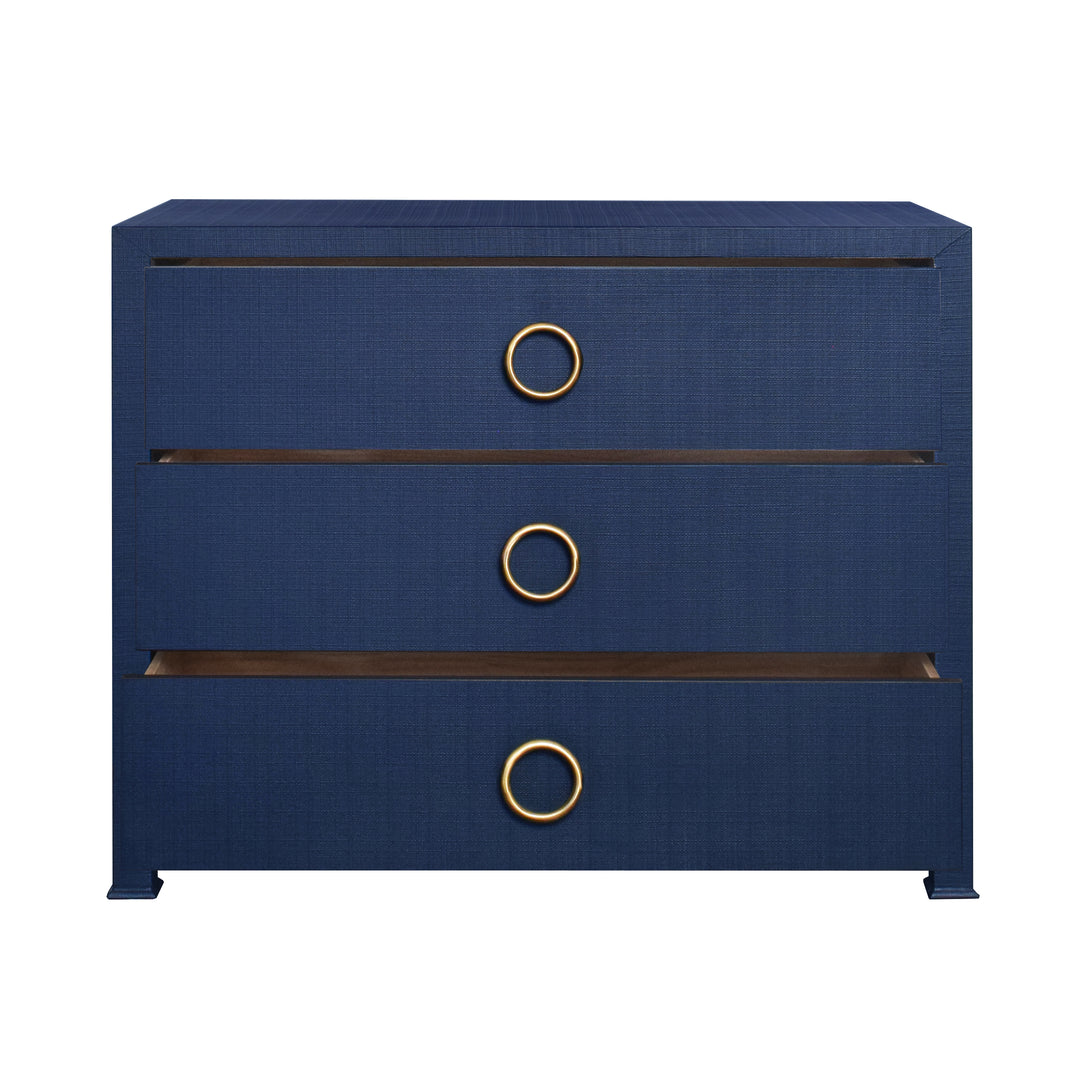 Three Drawer Chest With Antique Brass Circle Hardware In Textured Navy Linen - GETTY NVY