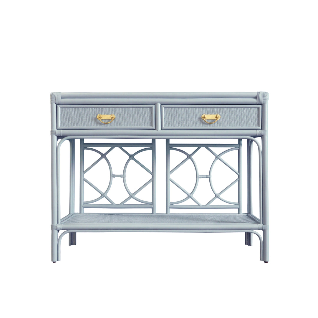 Two Drawer Console With Decorative Back In Rattan Painted Light Blue - GIDEON LB