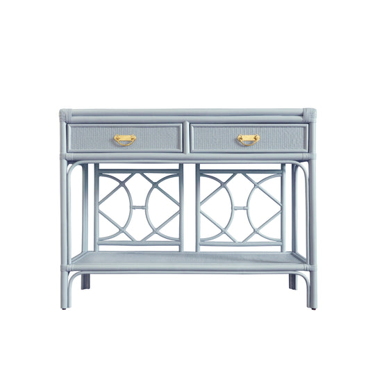 Two Drawer Console With Decorative Back In Rattan Painted Light Blue - GIDEON LB