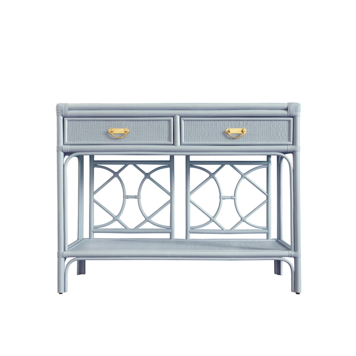 Two Drawer Console With Decorative Back In Rattan Painted Light Blue - GIDEON LB