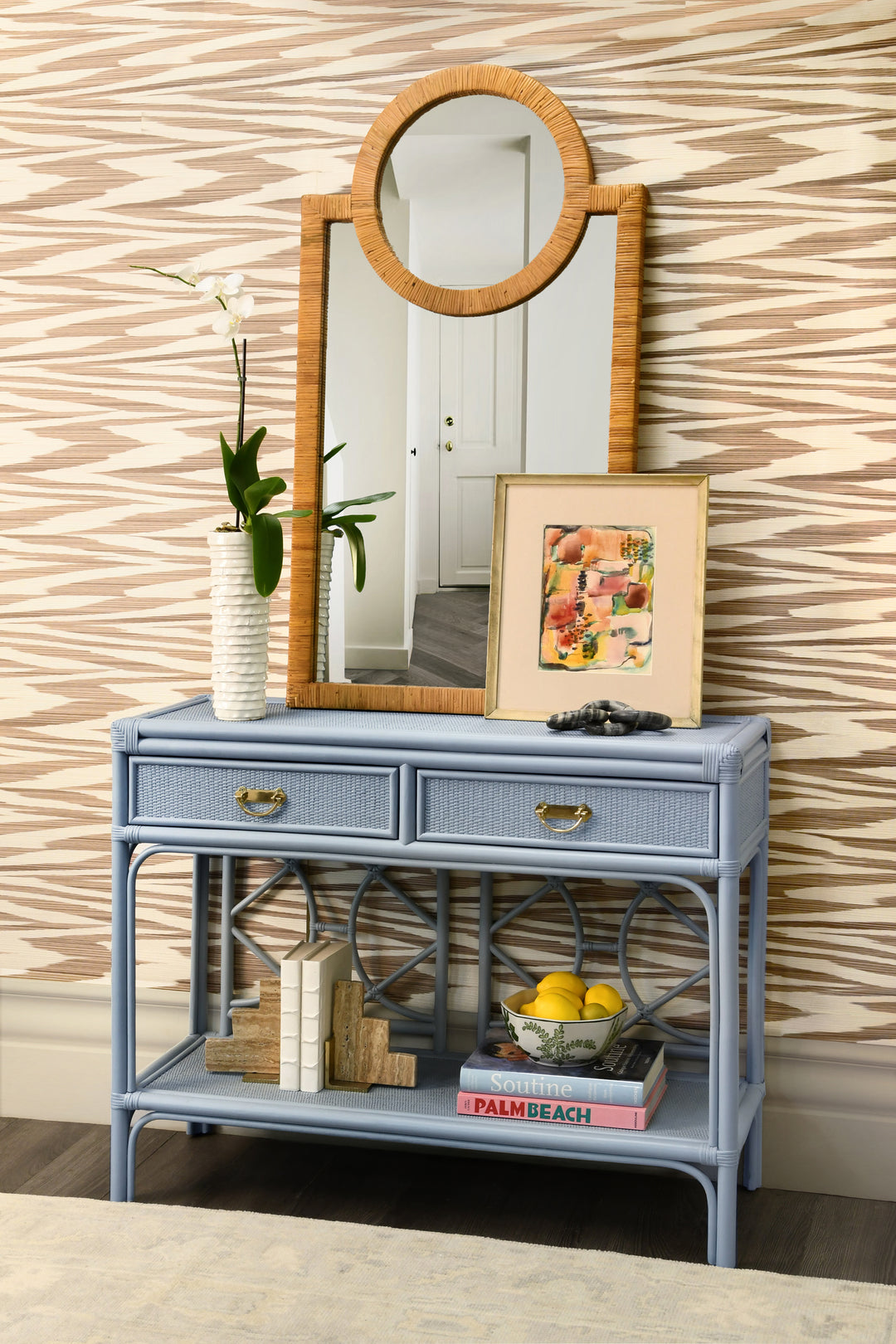 Two Drawer Console With Decorative Back In Rattan Painted Light Blue - GIDEON LB
