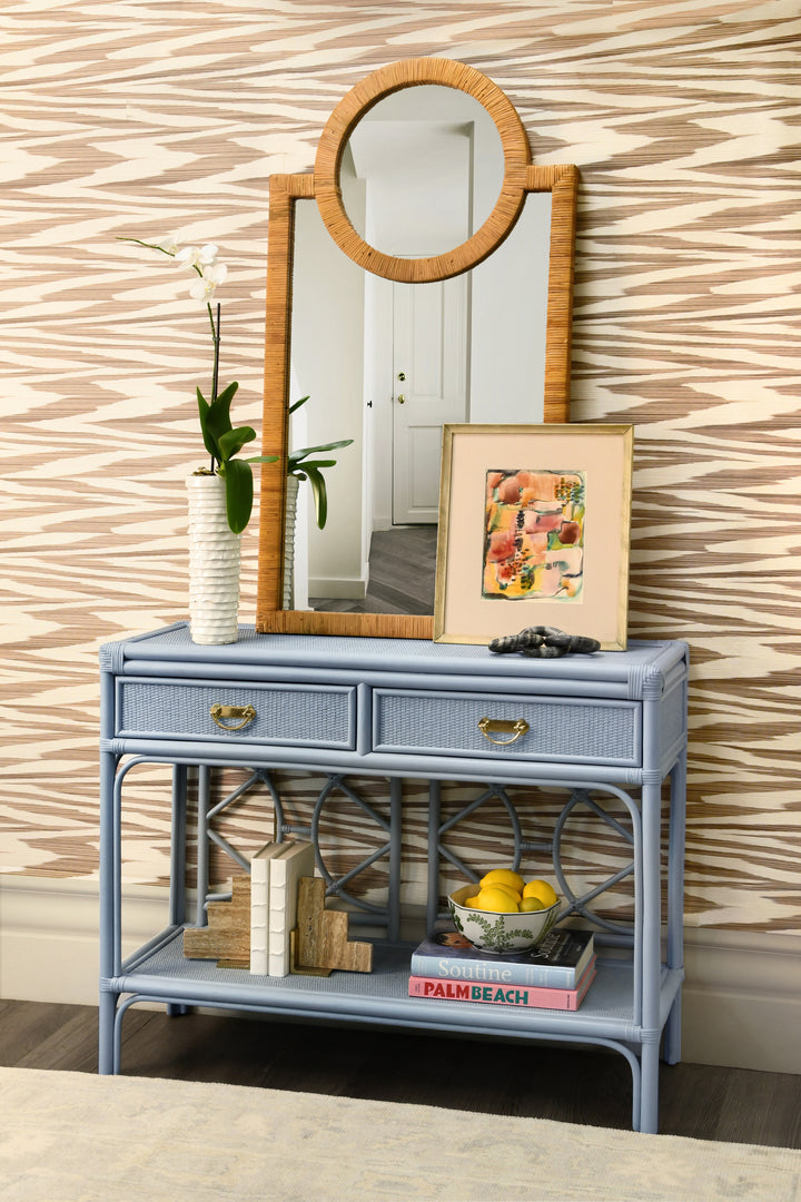 Two Drawer Console With Decorative Back In Rattan Painted Light Blue - GIDEON LB