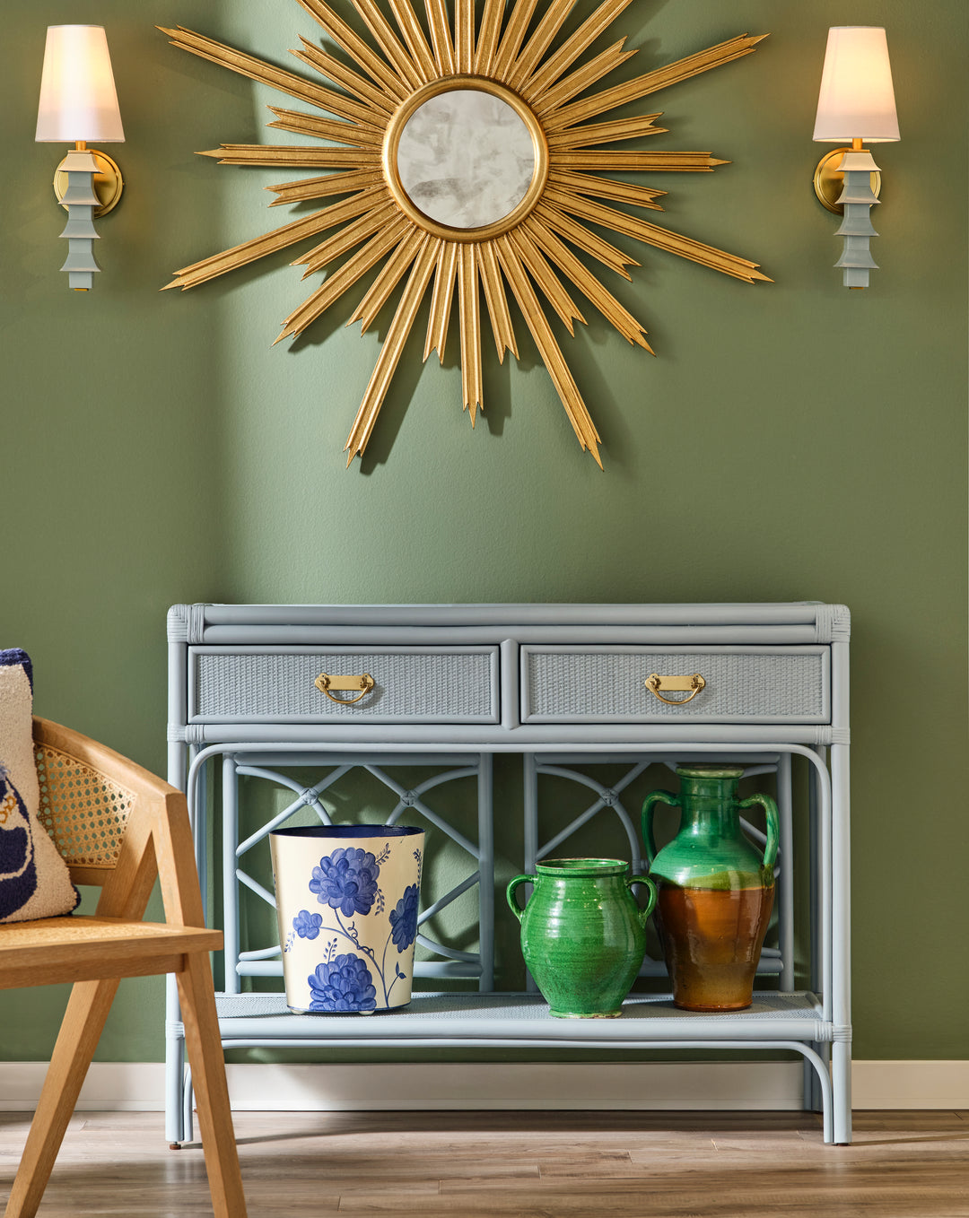 Two Drawer Console With Decorative Back In Rattan Painted Light Blue - GIDEON LB