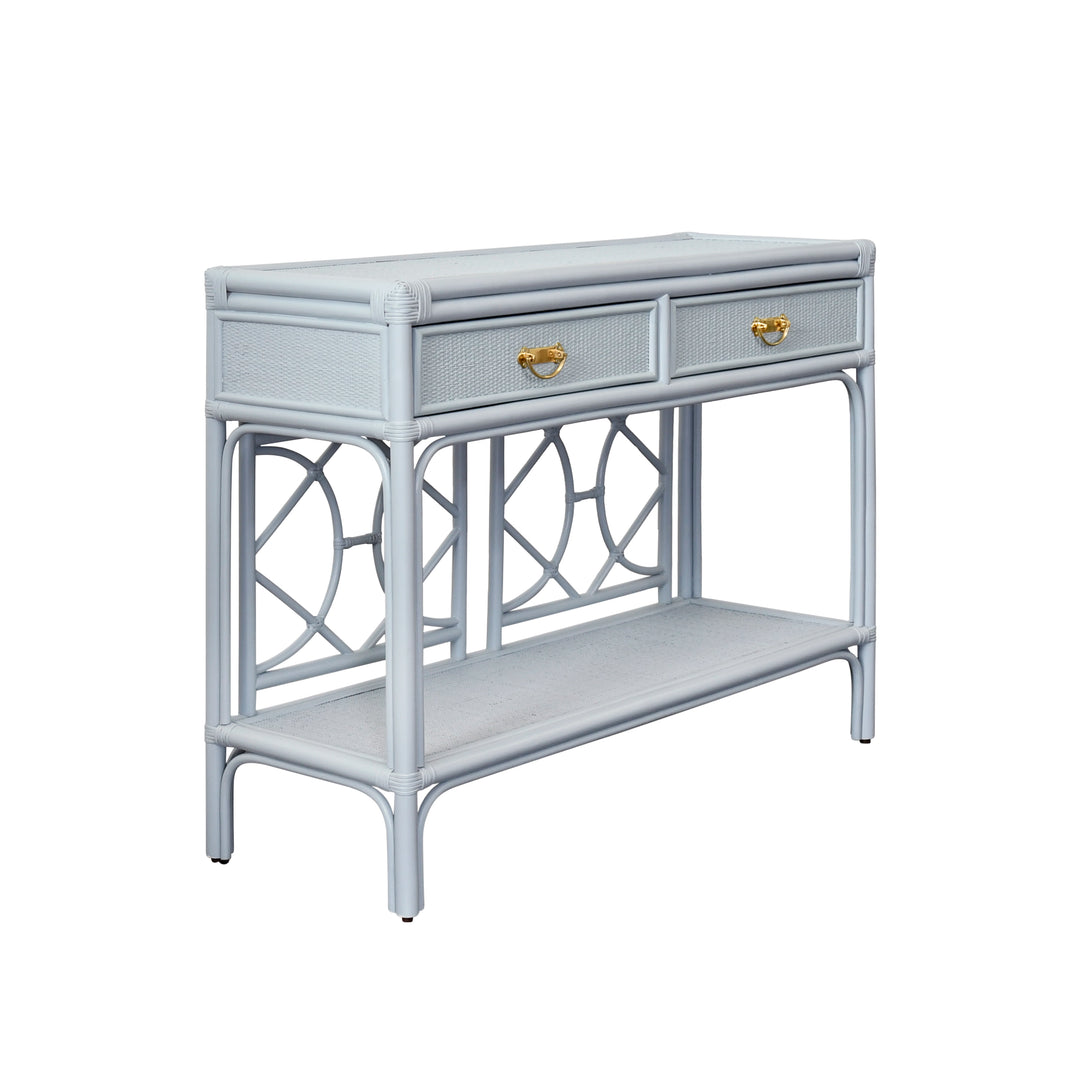 Two Drawer Console With Decorative Back In Rattan Painted Light Blue - GIDEON LB