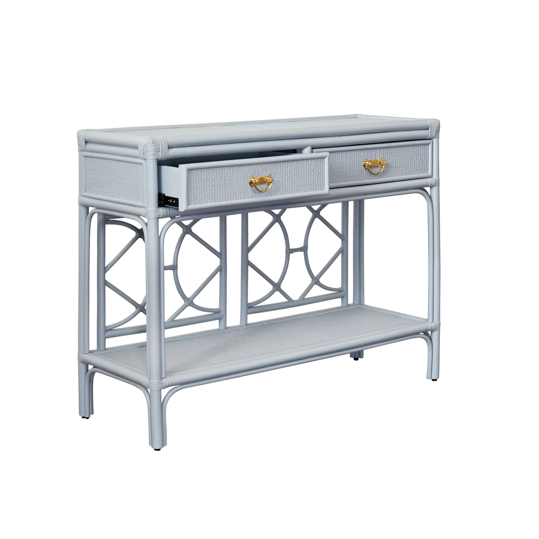 Two Drawer Console With Decorative Back In Rattan Painted Light Blue - GIDEON LB