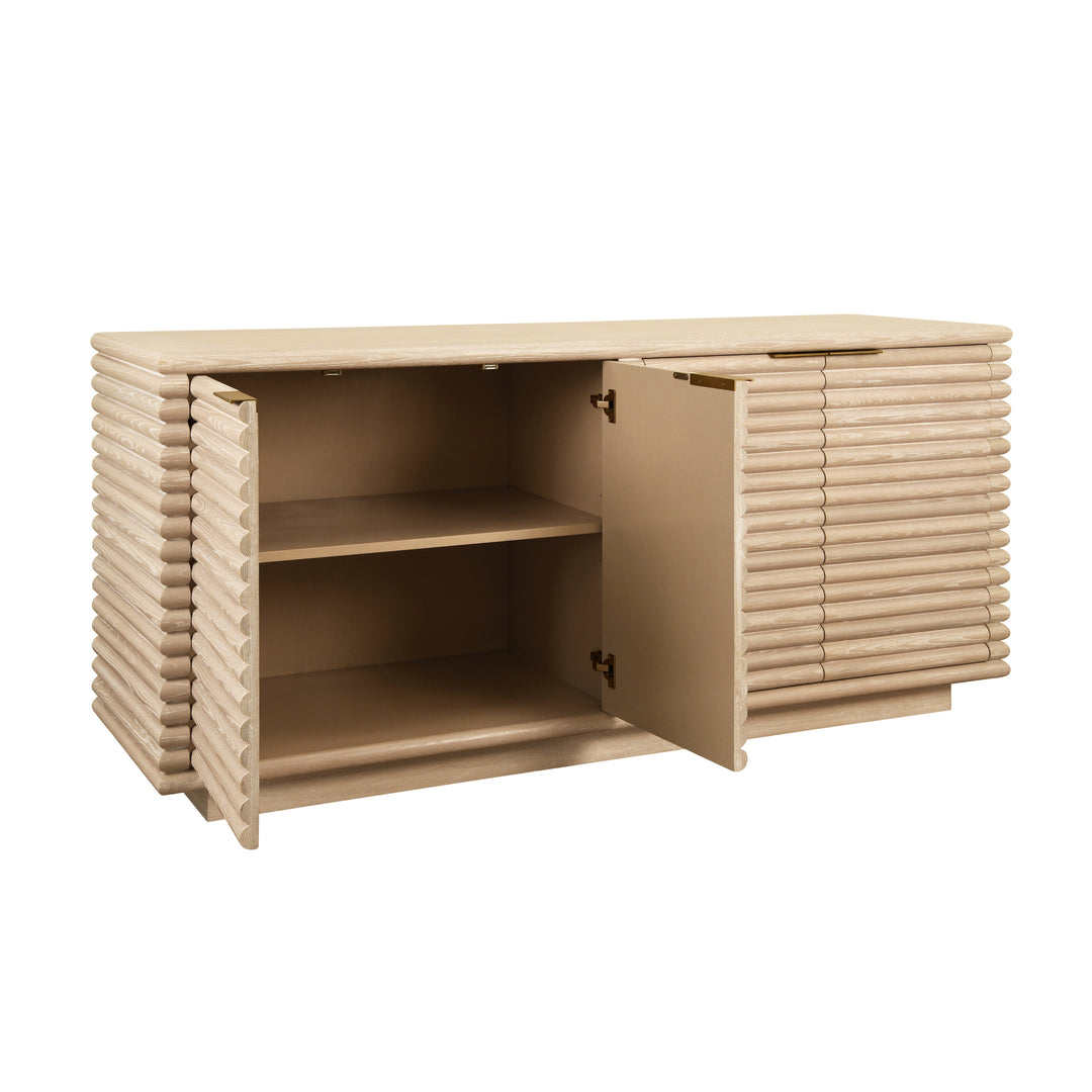 Four Door Large Horizontal Reed Buffet With Antique Brass Hardware In Cerused Oak - GIOVANNI CO