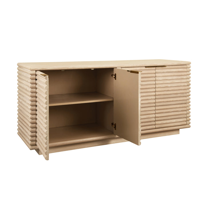 Four Door Large Horizontal Reed Buffet With Antique Brass Hardware In Cerused Oak - GIOVANNI CO
