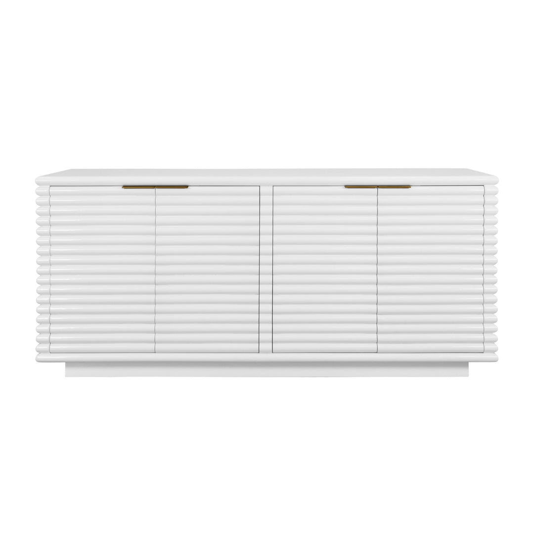 Four Door Large Horizontal Reed Buffet With Antique Brass Hardware In Matte White Lacquer - GIOVANNI WH