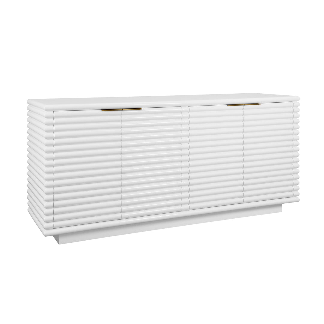 Four Door Large Horizontal Reed Buffet With Antique Brass Hardware In Matte White Lacquer - GIOVANNI WH