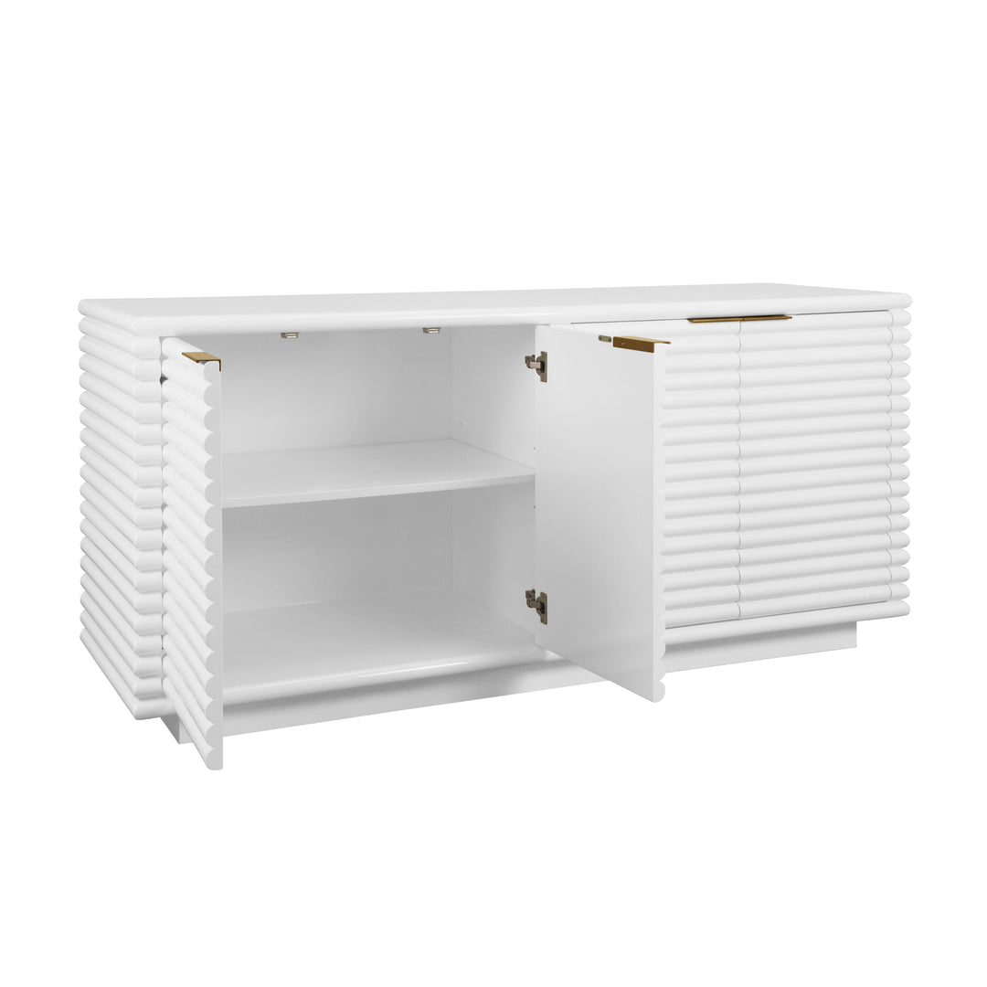 Four Door Large Horizontal Reed Buffet With Antique Brass Hardware In Matte White Lacquer - GIOVANNI WH