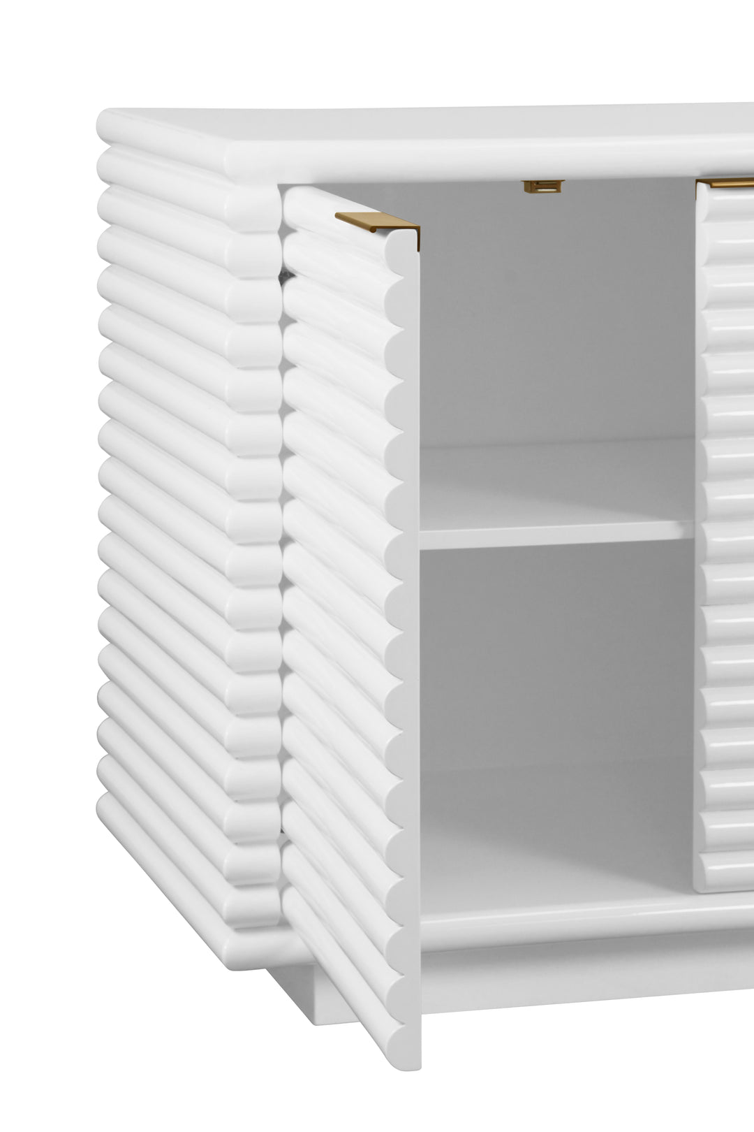 Four Door Large Horizontal Reed Buffet With Antique Brass Hardware In Matte White Lacquer - GIOVANNI WH