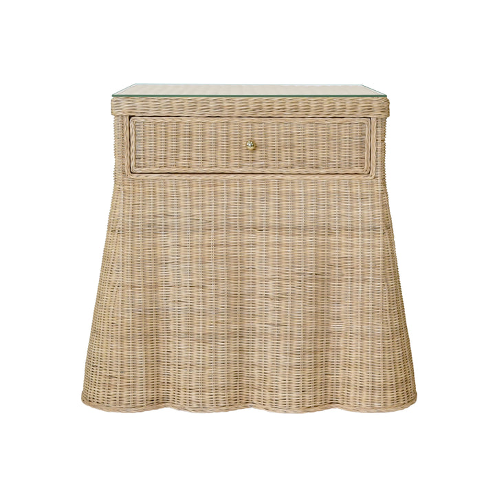 One Drawer Rectangular Side Table With Flared Scalloped Base In Rattan With Glass Top - GISELLE