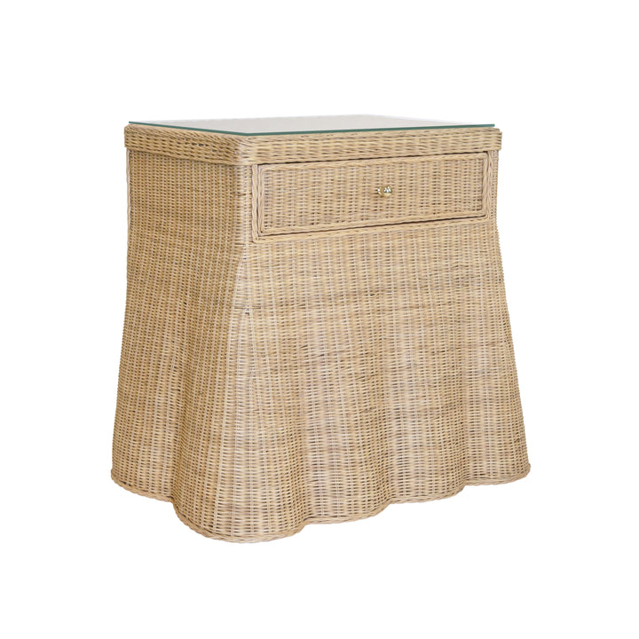 One Drawer Rectangular Side Table With Flared Scalloped Base In Rattan With Glass Top - GISELLE