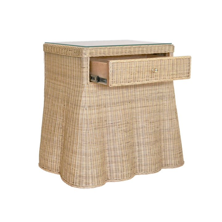 One Drawer Rectangular Side Table With Flared Scalloped Base In Rattan With Glass Top - GISELLE