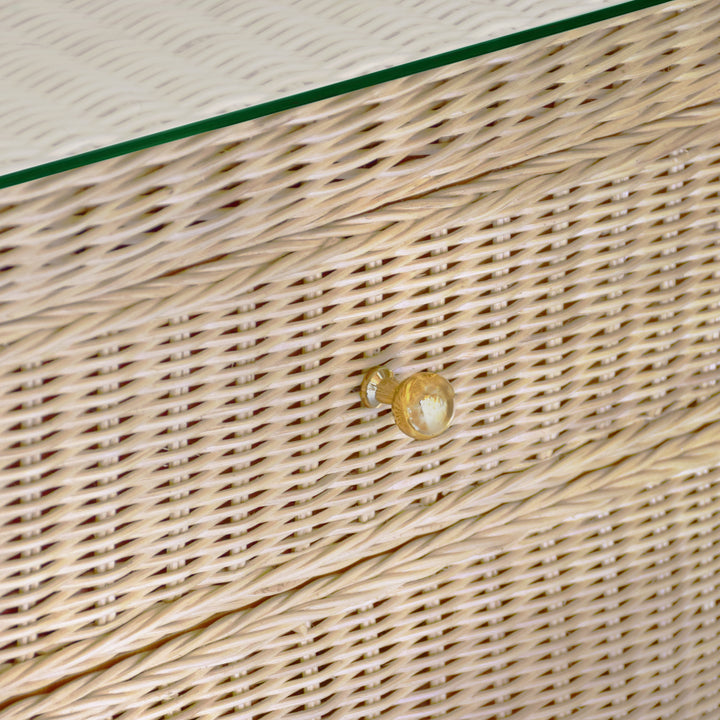 One Drawer Rectangular Side Table With Flared Scalloped Base In Rattan With Glass Top - GISELLE