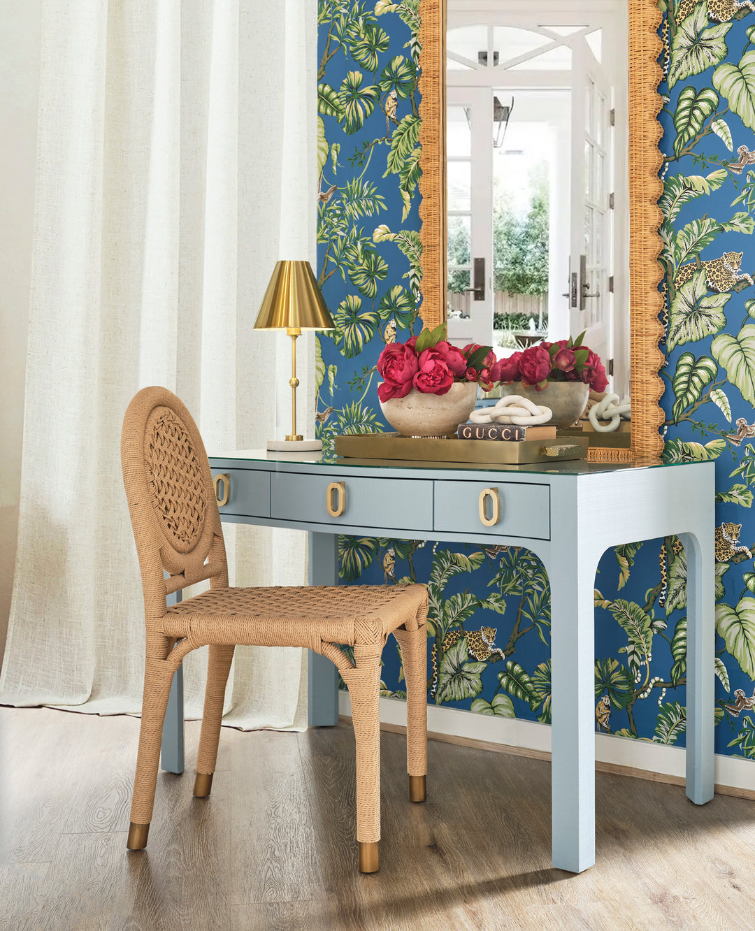Curved Front Desk With Three Drawers In Light Blue Textured Linen With Satin Brass Ring Hardware And Glass Top - GLADYS LB