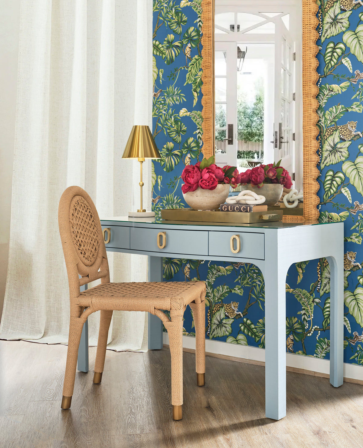 Curved Front Desk With Three Drawers In Light Blue Textured Linen With Satin Brass Ring Hardware And Glass Top - GLADYS LB
