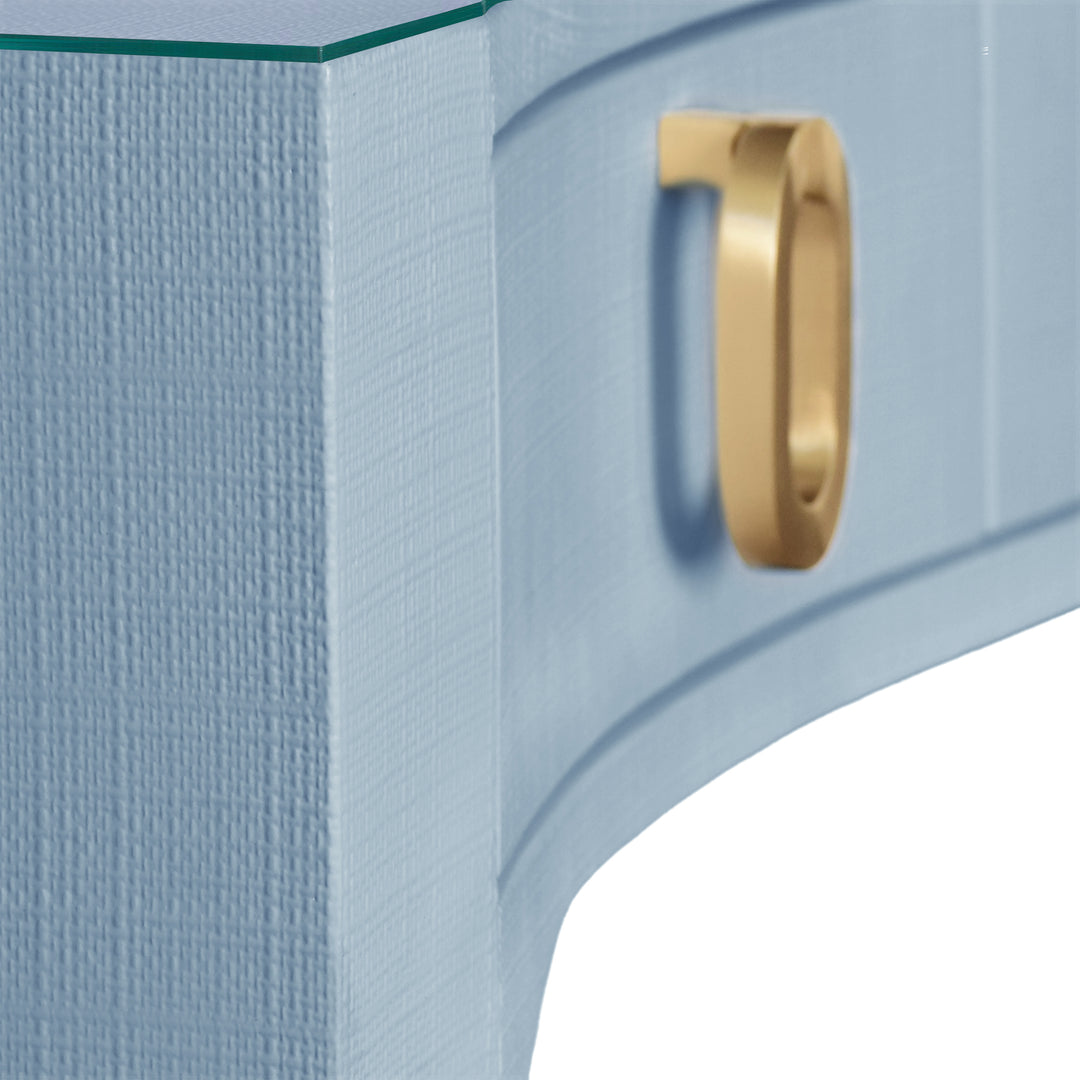 Curved Front Desk With Three Drawers In Light Blue Textured Linen With Satin Brass Ring Hardware And Glass Top - GLADYS LB