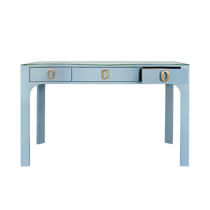 Curved Front Desk With Three Drawers In Light Blue Textured Linen With Satin Brass Ring Hardware And Glass Top - GLADYS LB