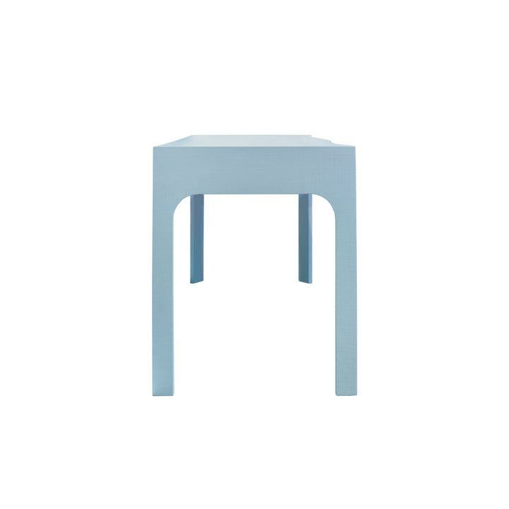Curved Front Desk With Three Drawers In Light Blue Textured Linen With Satin Brass Ring Hardware And Glass Top - GLADYS LB