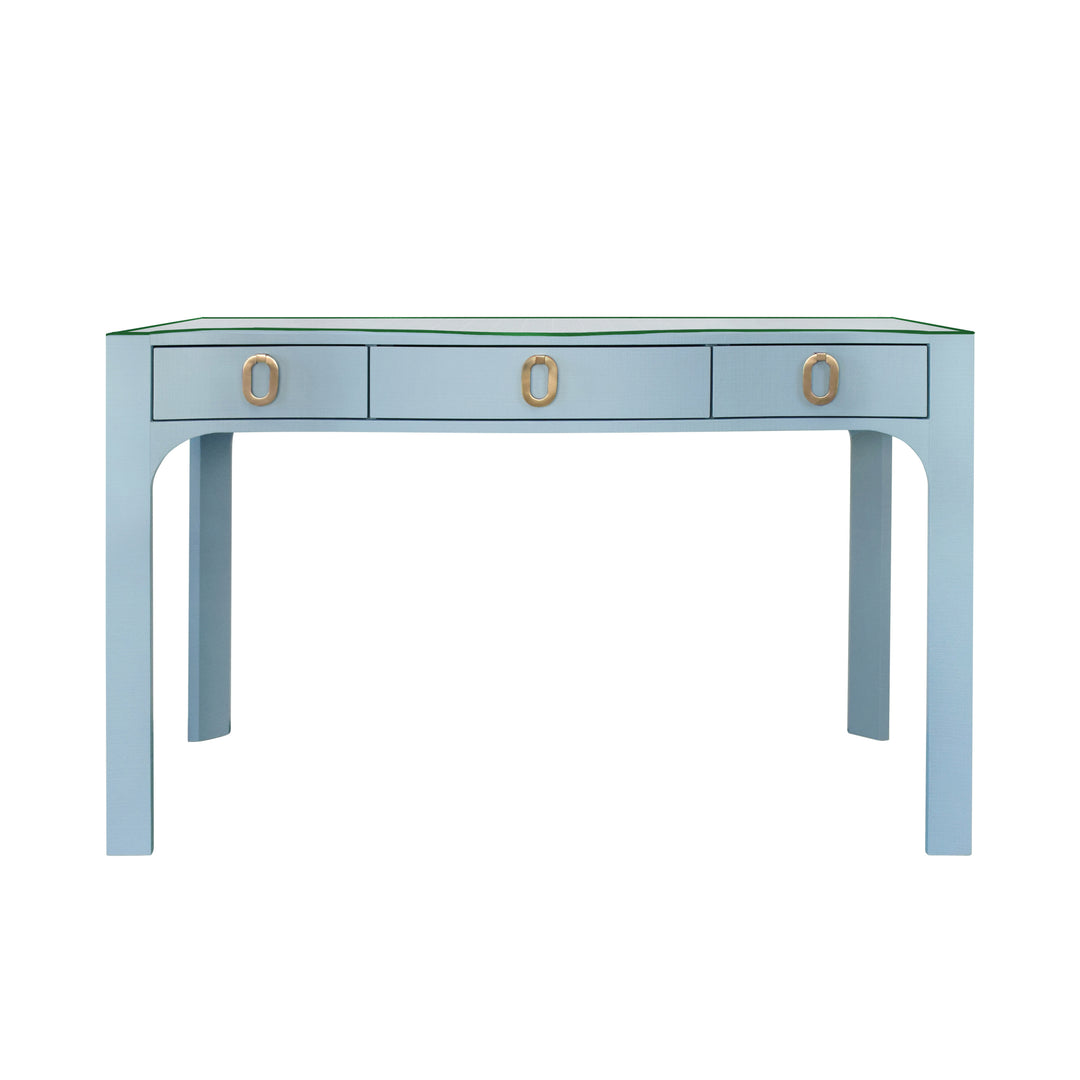 Curved Front Desk With Three Drawers In Light Blue Textured Linen With Satin Brass Ring Hardware And Glass Top - GLADYS LB