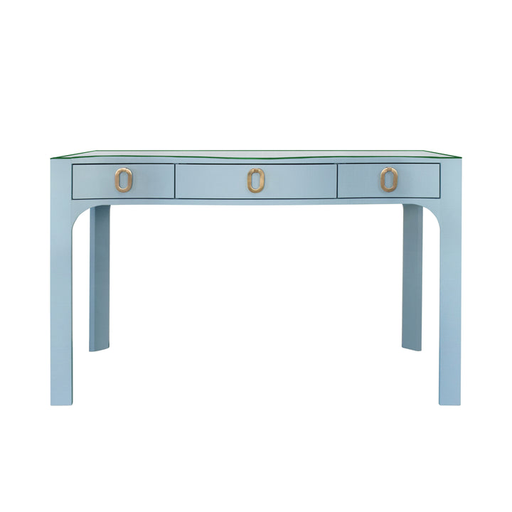 Curved Front Desk With Three Drawers In Light Blue Textured Linen With Satin Brass Ring Hardware And Glass Top - GLADYS LB