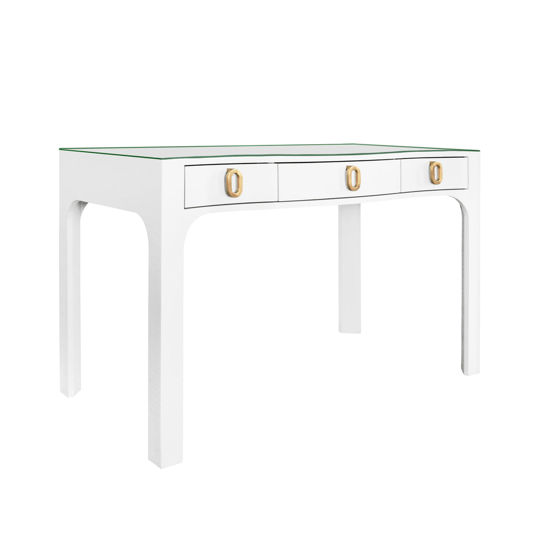 Curved Front Desk With Three Drawers In White Textured Linen With Satin Brass Ring Hardware And Glass Top - GLADYS WH