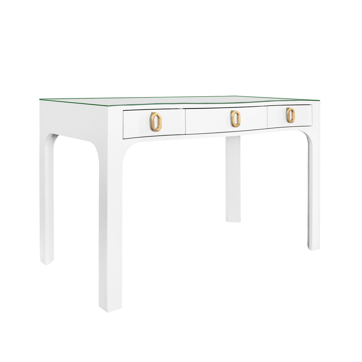 Curved Front Desk With Three Drawers In White Textured Linen With Satin Brass Ring Hardware And Glass Top - GLADYS WH