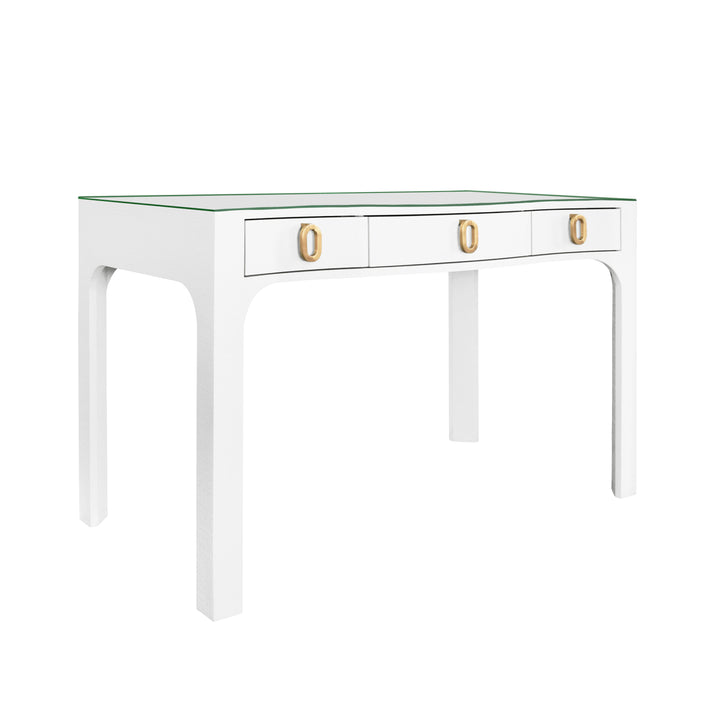 Curved Front Desk With Three Drawers In White Textured Linen With Satin Brass Ring Hardware And Glass Top - GLADYS WH
