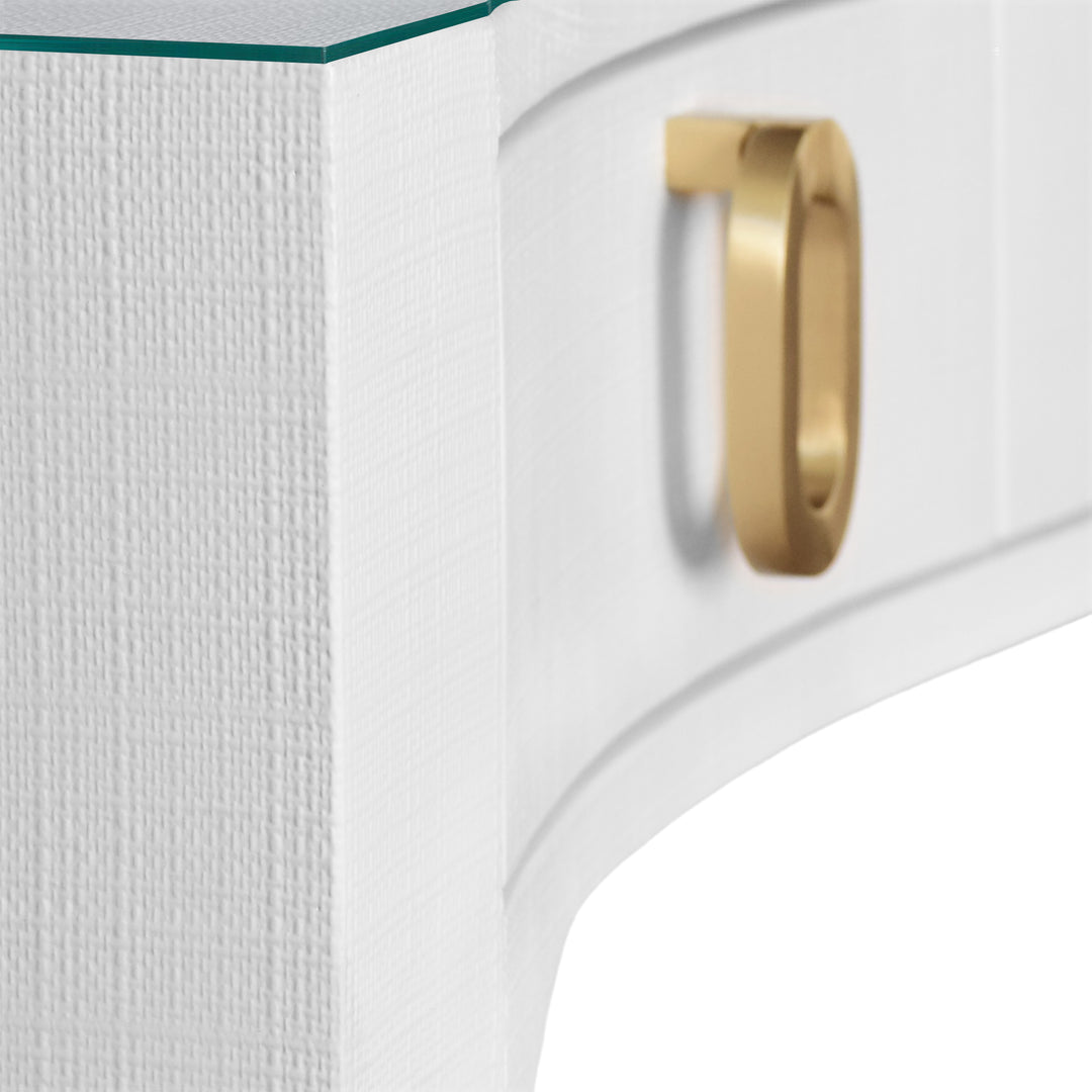 Curved Front Desk With Three Drawers In White Textured Linen With Satin Brass Ring Hardware And Glass Top - GLADYS WH