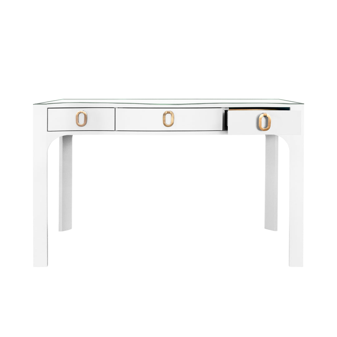 Curved Front Desk With Three Drawers In White Textured Linen With Satin Brass Ring Hardware And Glass Top - GLADYS WH