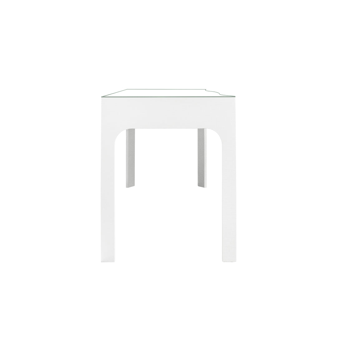 Curved Front Desk With Three Drawers In White Textured Linen With Satin Brass Ring Hardware And Glass Top - GLADYS WH