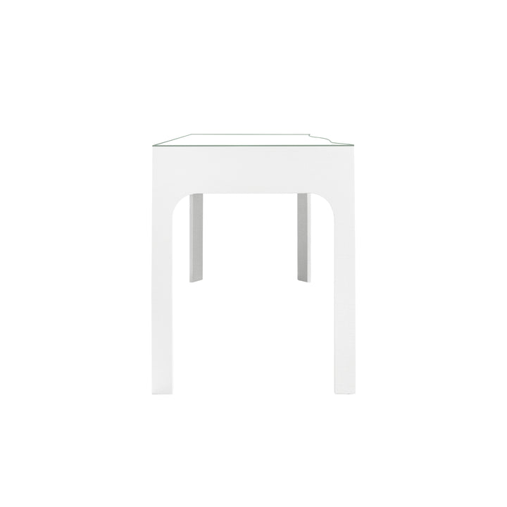 Curved Front Desk With Three Drawers In White Textured Linen With Satin Brass Ring Hardware And Glass Top - GLADYS WH